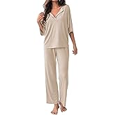 COSSEN Women’s 2 Piece Pajamas Set Ribbed Knit Loungewear Casual Outfits 3/4 Sleeve Tops and Wide Leg Pants Set