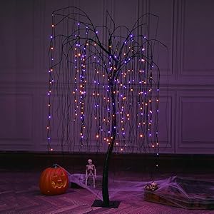 LIGHTSHARE 7 Feet Halloween Willow Tree, 256 LED Lights for Home, Festival, Nativity,Party, and Christmas Decoration,Includes Spiders and White Cobweb,Indoor Outdoor Use,Orange & Purple