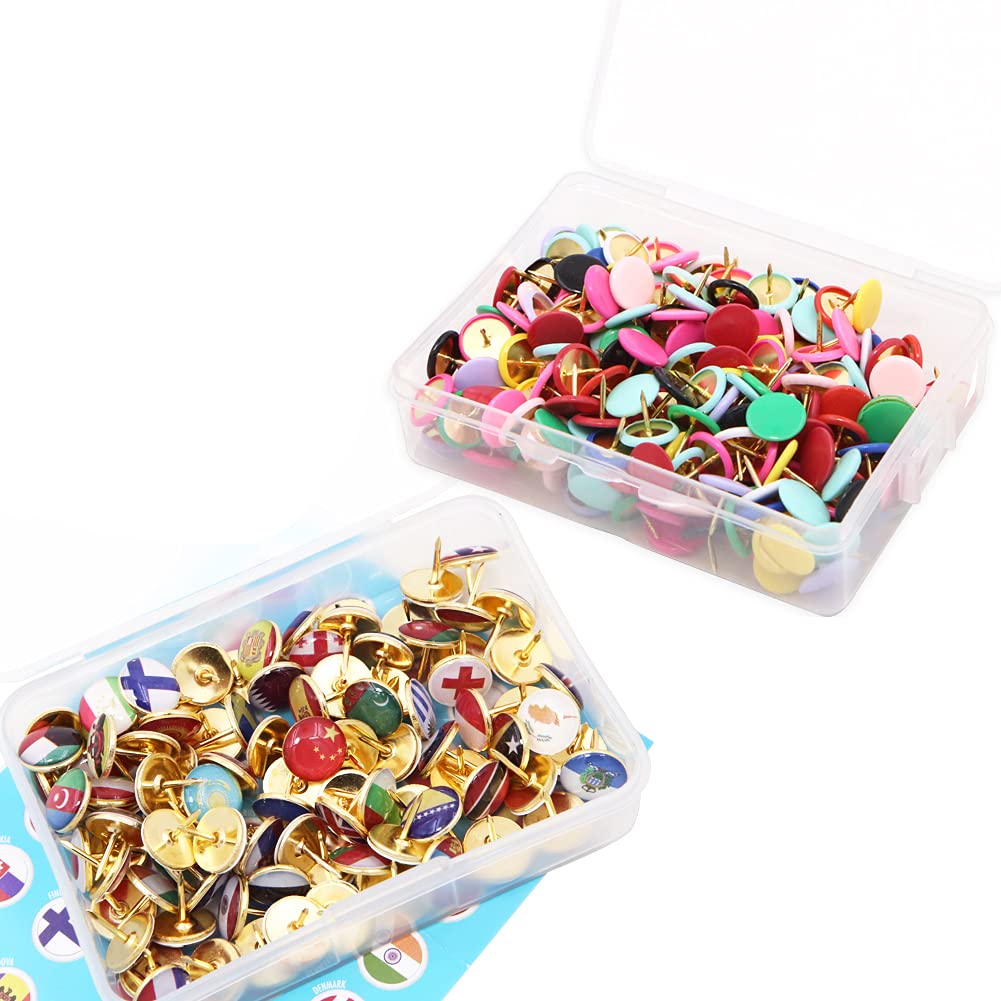100 Pcs National Flag Push Pins and 300 Pcs Colored Thumb Tacks Round Head Thumbtack Steel Point Decorative Tacks for Corkboards Map Posters Photos Calendar Bulletin Board Craft Pins