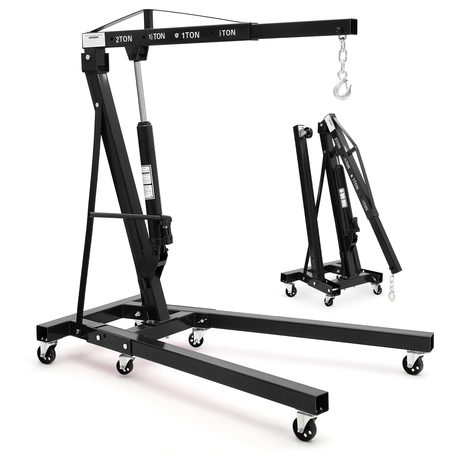 Photo 1 of ***USED, MINOR DAMAGE, PARTS MISSING***2-Ton Folding Engine Hoist Cherry Picker 44 Lb Capacity Hydraulic Shop Crane with Telescoping Boom 6 Caster Wheels for Automotive Repair Garage Use Includes Hitch and Storage Stand Black