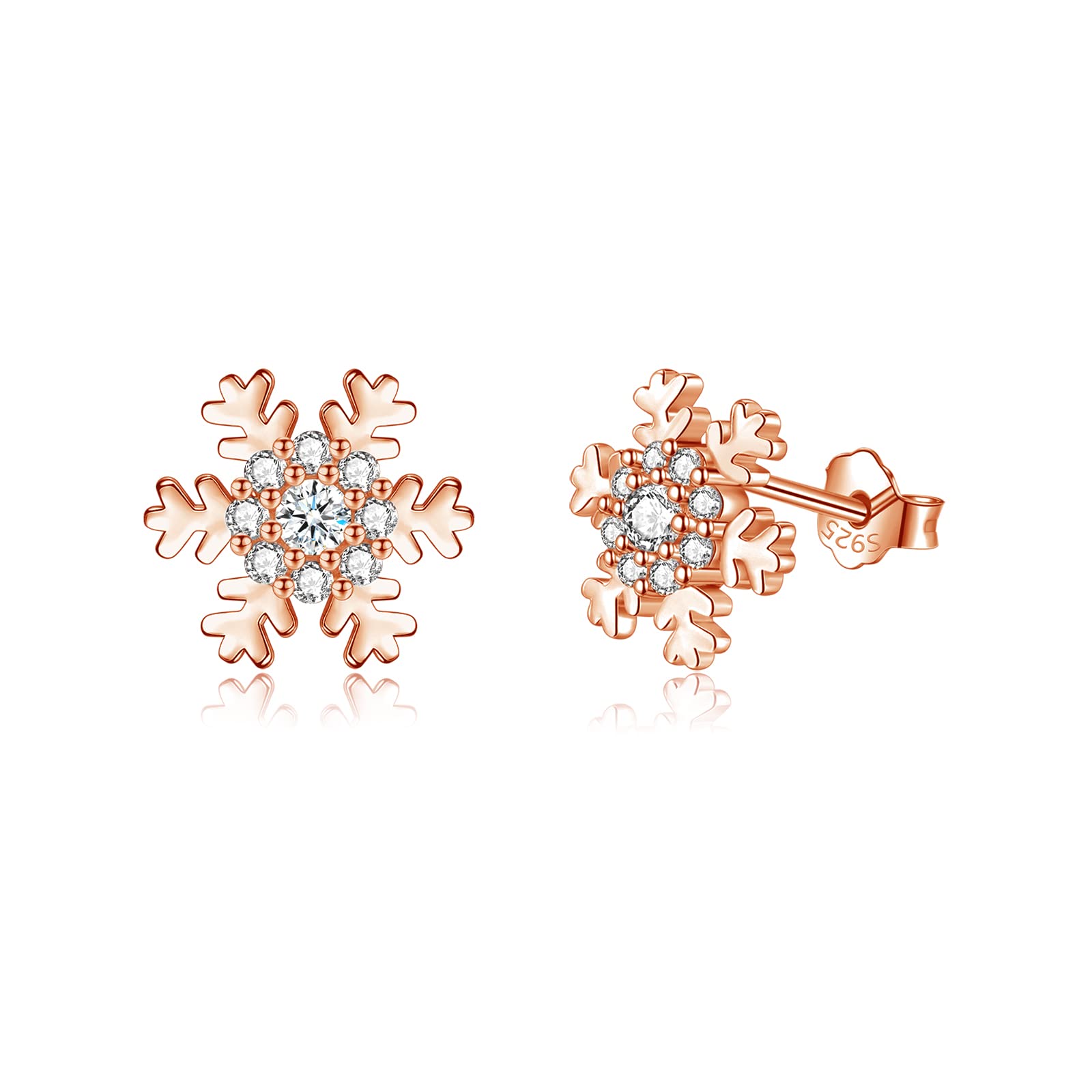 Shuxin Silver Christmas Stud Earrings for Women, 925 Sterling Silver Xmas Stud Earrings for Girls Kids, Rose Gold Snowflake Stud Earrings, 10mm Small Sleeper Studs Earrings, Gift for Christmas