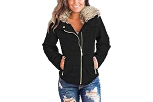 Vetinee Women Casual Faux Fur Lapel Zip Pockets Quilted Parka Jacket Puffer Coat