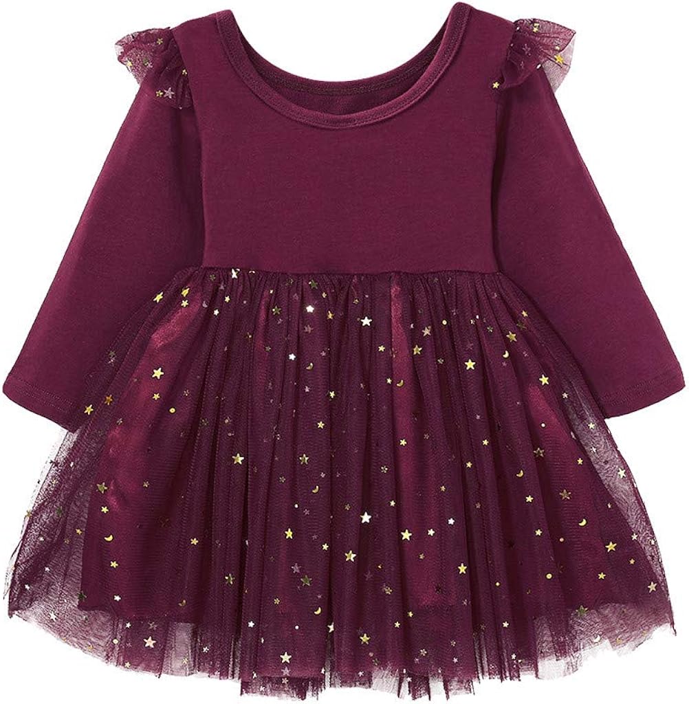 Walabe Robe Bebe Fille Ceremonie Manches Longues Volants Paillettes Etoiles Impression Robe De Tulle Vetements 6 Mois 4 Ans Robes Bebe Fille 0 24m Centroarco Com