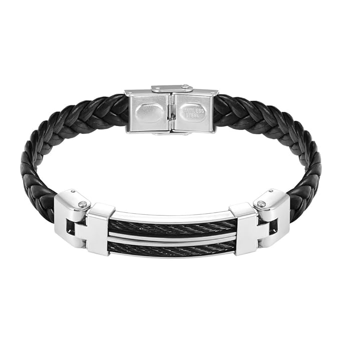 PROSTEEL Armband Hochwertig Echtlederarmband Geflochten Seil Armreif Edelstahl Damen Herren Armband 21CM