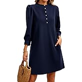 Wenrine Womens 3/4 Puff Sleeve Mini Dress Button Crewneck Elegant Casual Business Shift Dresses 2025