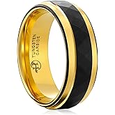 HIOLEEGI Black Tungsten Rings for Men - Rhombus Hammered Finish with Gold Edge, Comfort Fit, Hypoallergenic Wedding Bands