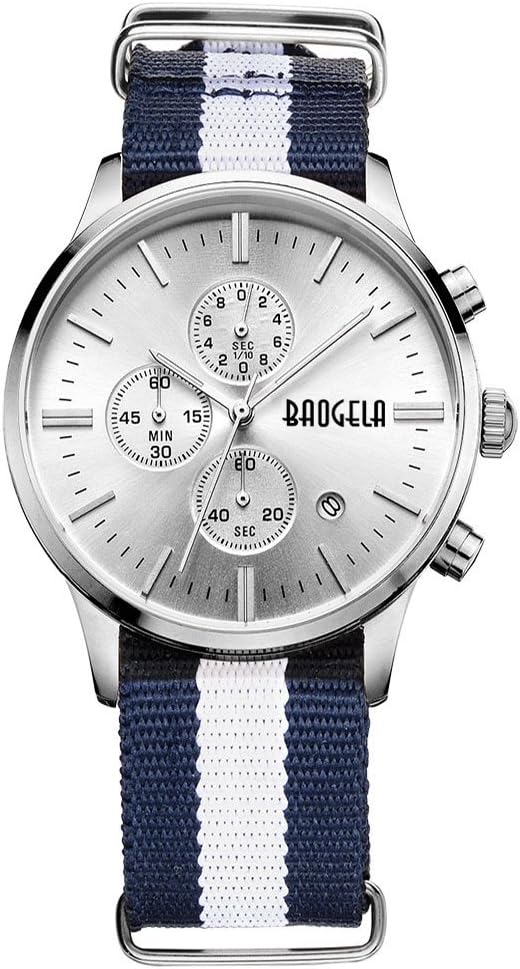 Mens Watches Popular Blue Nylon Strap Silver Analog Wristwatch Chronograph with Date Waterproof - AIMAL