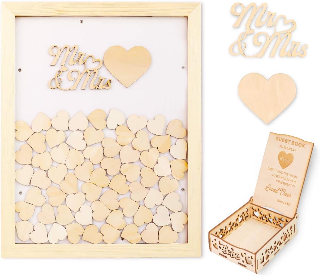 Creawoo Wooden Guest Book Frame Wedding Drop Box (Detachable Back) with 100 Blank Hearts and Free Guest Sign Box for Wedding Gifts Friends Present (Wood Color)