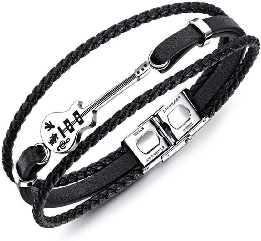 Rock Bracelets for Boys Silver Guitar Musical Instrument Charms Leather Braided Multi-layer Stainless Steel Bangles Music Lovers Magnetic Clasp Cuff Wristband