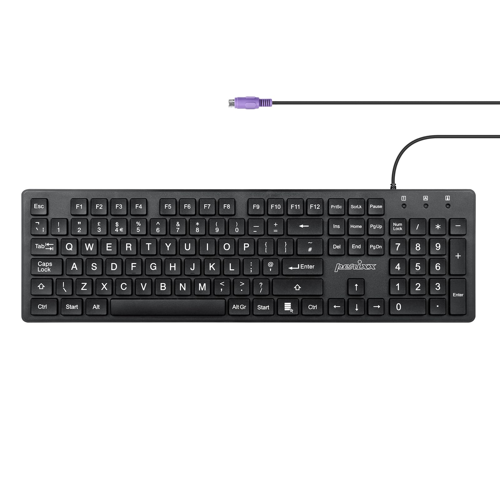 Perixx PERIBOARD-117P Wired PS/2 Full Size Keyboard, Bright Large Print, Durable, Compatible with Windows, Classic Black, UK QWERTY