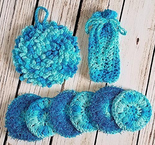 Invigorating yet gentle face and body poufs. Hand crocheted Caribbean blue colored spa or bath set.