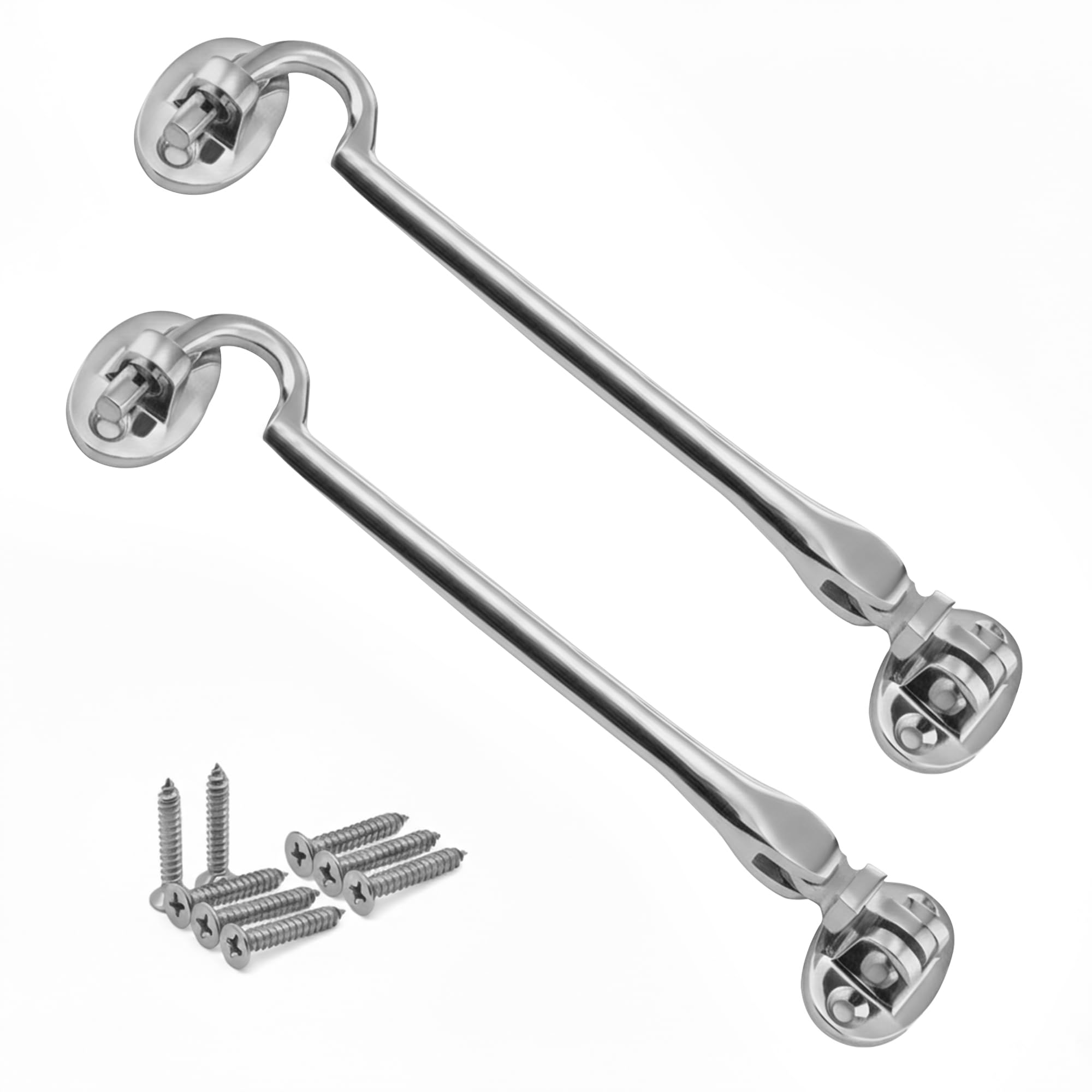 onesto Pack 2 CP Cabin Hook Silent Type 100mm – Chrome Plated Door Latch for Gates, Sheds, Windows & Cupboards – Smooth Quiet Operation with Fixings