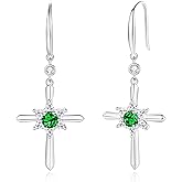 FANCIME Cross Dangle Drop Earrings 925 Sterling Silver Dainty Round Birthstone Earring Fine Jewelry Birthday Gifts for Her Women