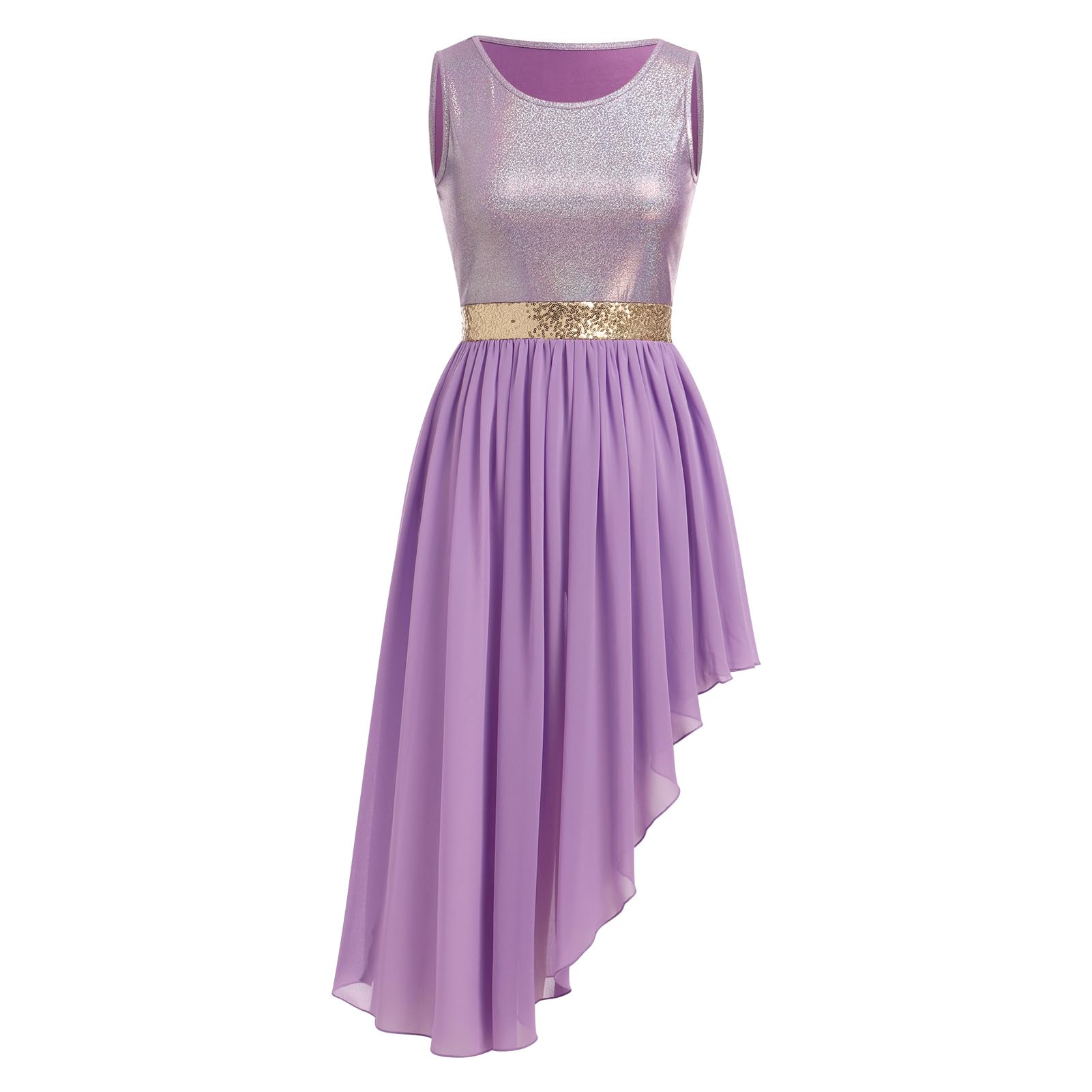 Photo 1 of AFAVOM Women Metallic Sequin Praise Dance Dress Asymmetric Ruffle Chiffon Overlay Dress Sleeveless Irregular Hem Liturgical Lyrical Dance Dress Worship Dancewear Costume Purple L