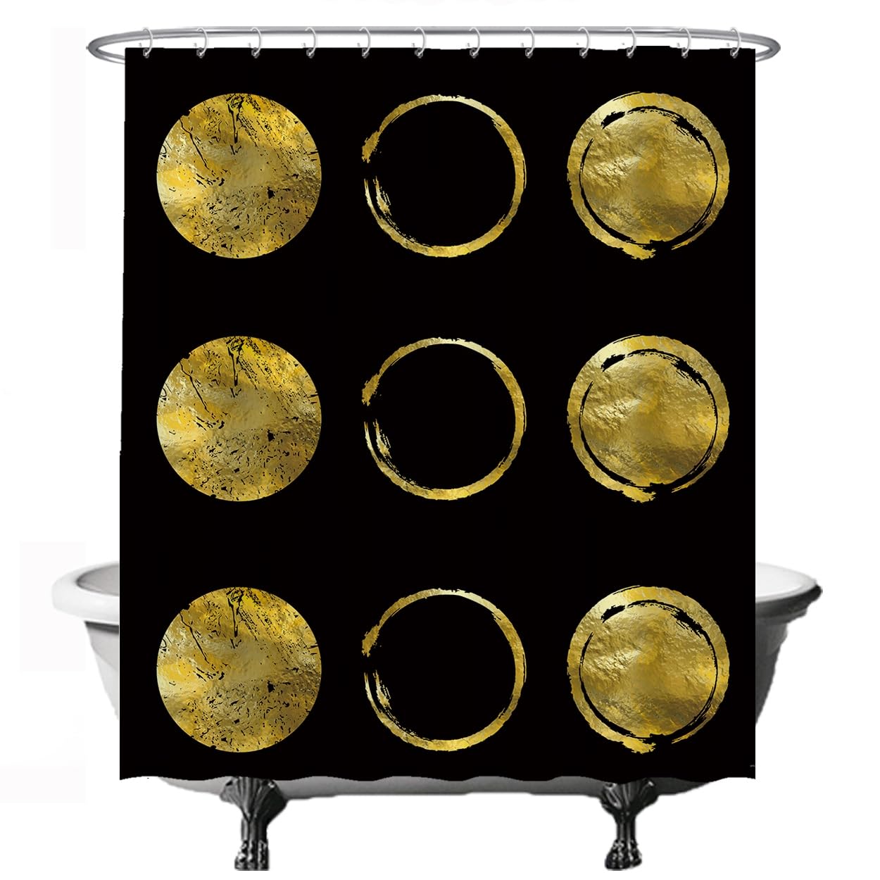 Ulticool Shower Curtain - Golden Circles Sun Moon Chic - 180 x 200 cm - Washable - Anti Mould - with 12 Rings - Gold Black - Halloween Decoration Gothic
