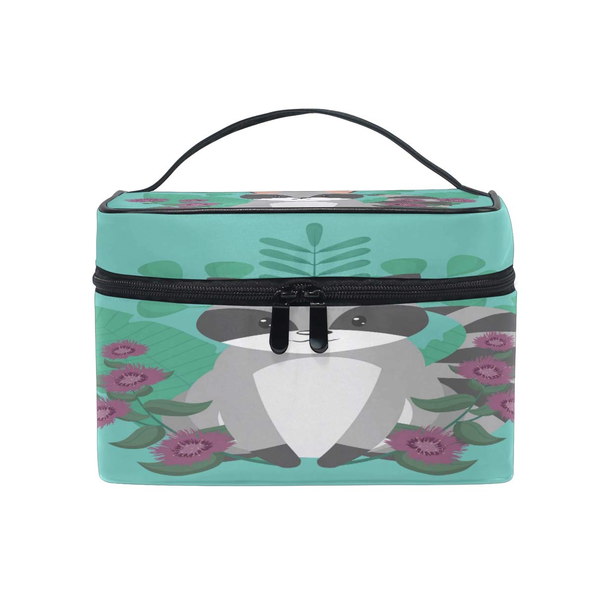 Makeup Bag Raccoon Cartoon Flowers Turquoise Green Cosmetic Bag Travel Toiletry Bag Cosmetic Train Case Makeup Tote Make-Up Organizer Box Storage With Mesh Bag Brush Holder for Women Kids Men Girls