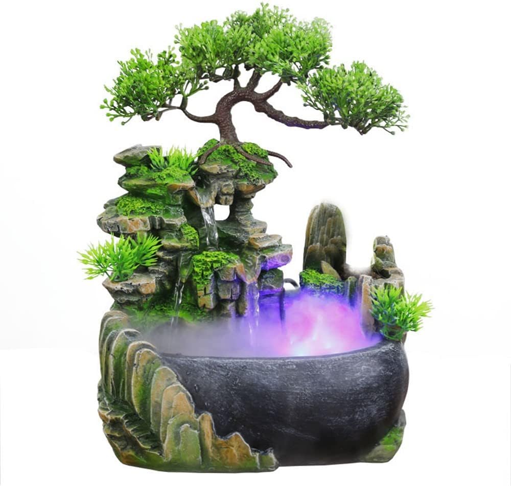 Indoor Fountains & Accessories - Xshelley Indoor Tabletop Fountains ， Rockery, Water, Waterfall, Plants, Desktop Fountain, atomizing humidifier Fountain, Home Office Desktop Decorations, Automatic Pump with Power Switch