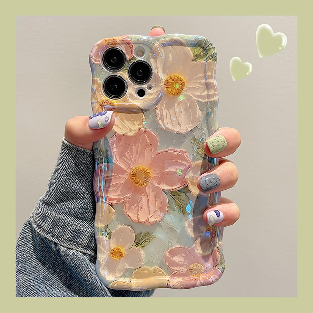 EYZUTAK Case for iPhone 11, Colorful Retro Oil Painting Printed Flower Laser Beam Glossy Pattern Cute Curly Waves Border Exquisite Phone Cover Stylish Durable TPU Protective Case for Girls Women-Green - Image 9