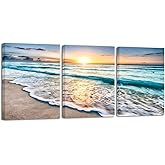 Wieco Art 3 Panel Blue Beach Canvas Wall Art for Home Decor Sunset White Wave Beach Pictures on Canvas Sea View Canvas Prints Artwork for Wall Decor Living Room Decorations