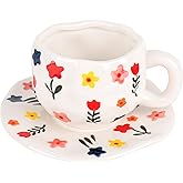 DODAMOUR Floral Ceramic Coffee Mug with Saucer - 10oz Chunky Handle Tea Cup, Cute Irregular Pinch Pottery for Latte Cappuccino (White/Colorful Flowers)