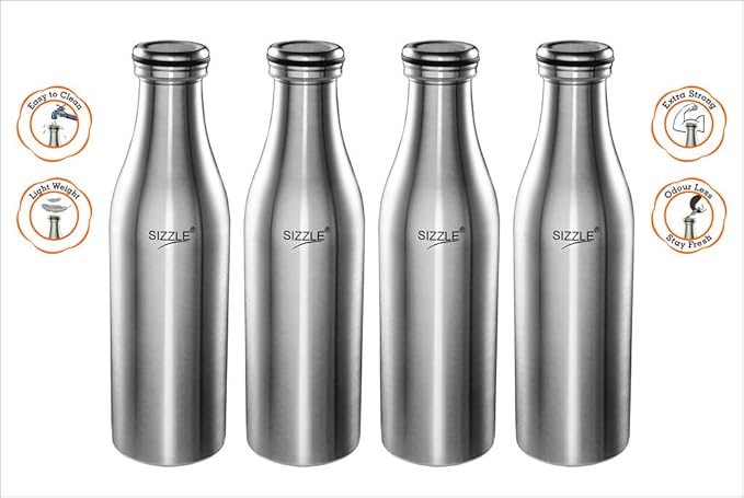 Sizzle Stainless Steel Fridge Water Bottle, 1000 ml, 4 pc, Silver