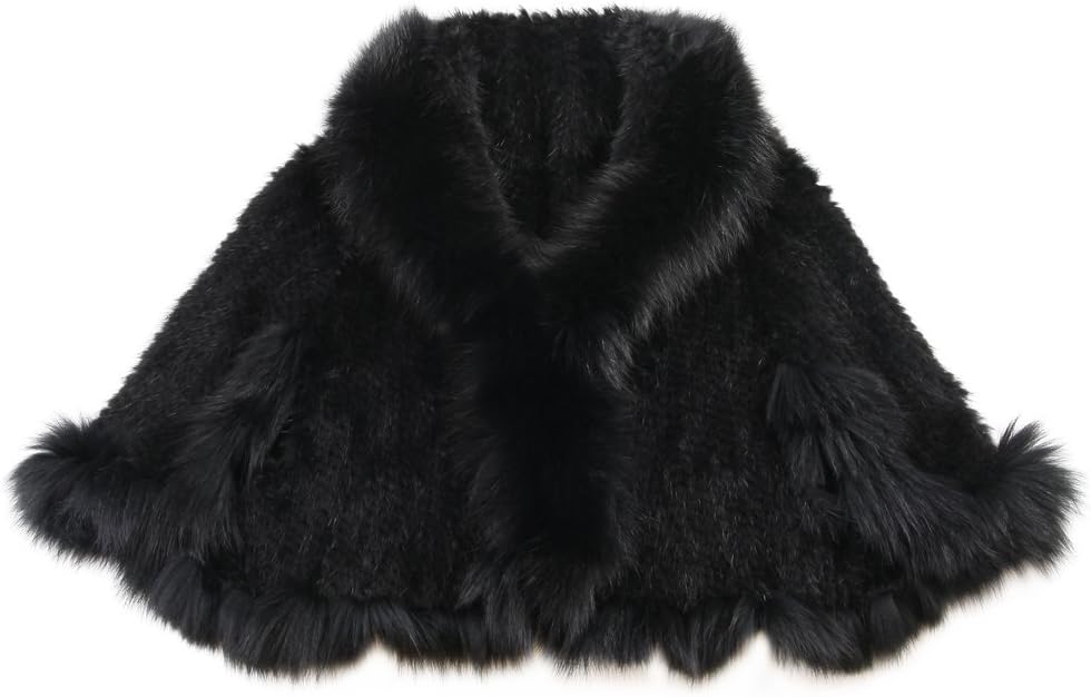 Qiudu Female's Mink Fur Shawls With Fox Fur Collar Trimming Poncho