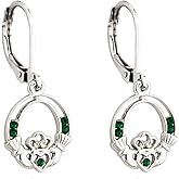 Biddy Murphy, Traditional Irish Claddagh Women's Earrings, Emerald Green Crystal Rhodium Plated Drops, Classic Silver Celtic Jewelry Made in Ireland by Artisan Jewelers