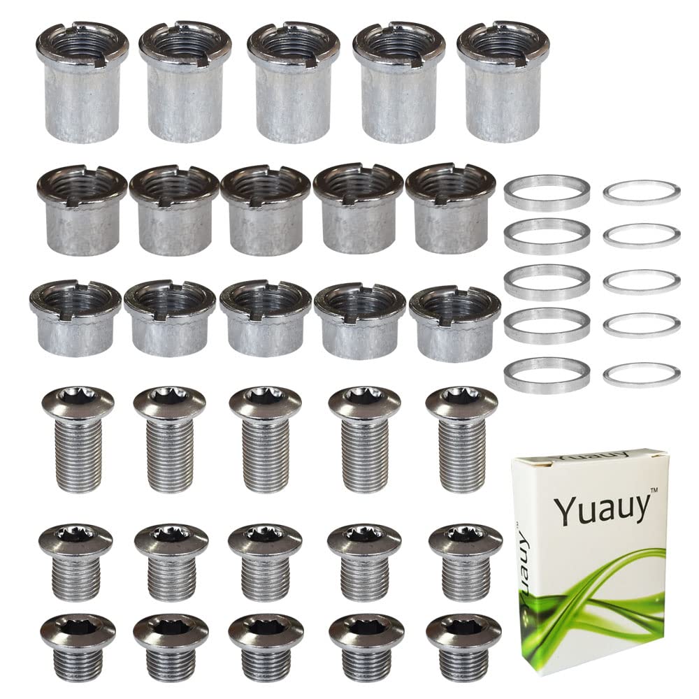 Yuauy 5 pcs for each Single/Double/Triple Chainring Bolts Screws Disc Crankset Nuts Chainwheel + 10 pcs Washers Fit for Road Bike Mountain Bike MTB (25 pcs)