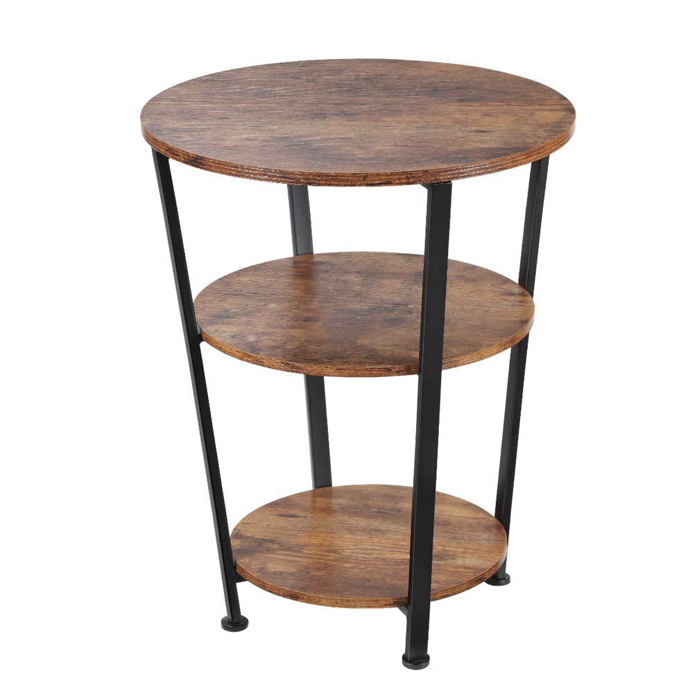 DREAMSOULE Industrial End Table, 3 Tiers Round Side Table with Sturdy Metal Frame, Round Sofa Table, Vintage Nightstand for Living Room Bedroom, Easy Assembly, Wood Look Accent Furniture (Style B)