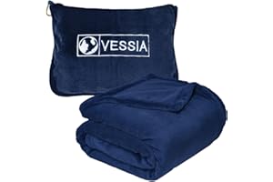 Vessia Travel Blanket for Airplane, Train and Car, Warm and Soft Travel Blanket in Bag for Adults and Kids, Portable Compact Long Flight Blanket with Luggage Sleeve, Backpack Clip(Navy)
