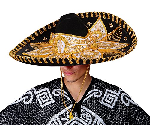 Premium Adult Mariachi Sombrero Charro Hat, Mexican Hat (Black and Gold)