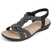 VJH confort Women's Flat Sandals Rhinestone Stretchy Strap Low Wedge Comfy Dressy Walking Sandals