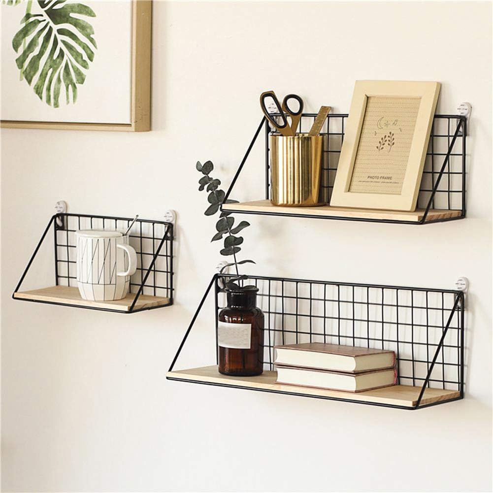 INMOZATA Wall Mounted Floating Shelves Metal Wire Wall Shelf Wood