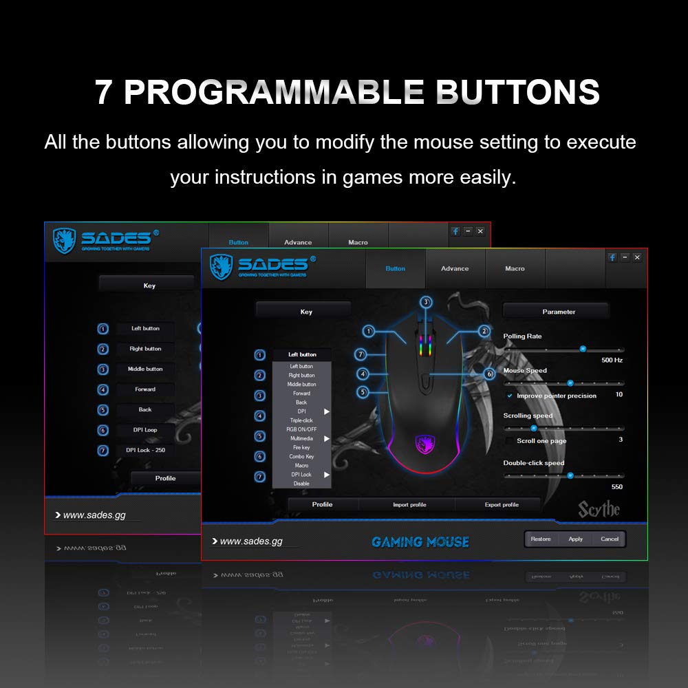 [Premium Version] SADES Gaming Mouse Wired -Scythe- 7 Programmable Buttons, 11 RGB Lighting, 4000 DPI Adjustable, Comfortable Grip Ergonomic Optical PC Computer Gaming Mice with Sniper Button