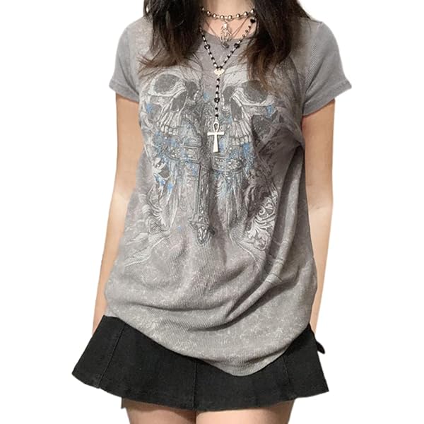 Women's Y2K Short Sleeve Graphic Shirt Vintage Skull Print T