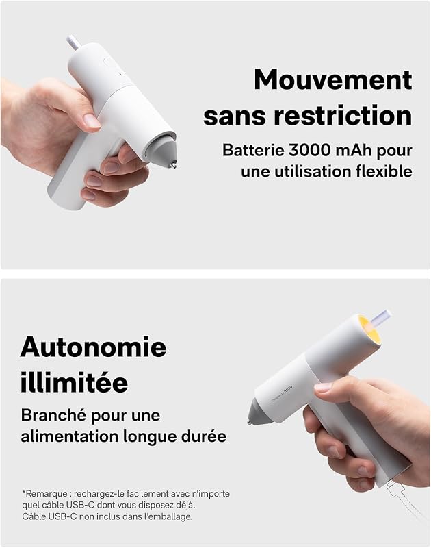 Pistolet à Colle Sans Fil USB-C 3000mAh, chauffage rapide 30s