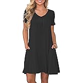 PLOKNRD Women's Casual Dress T-Shirt Summer Short Sleeve V Neck Chest Pleats Swing Dresses with Pockets 2025