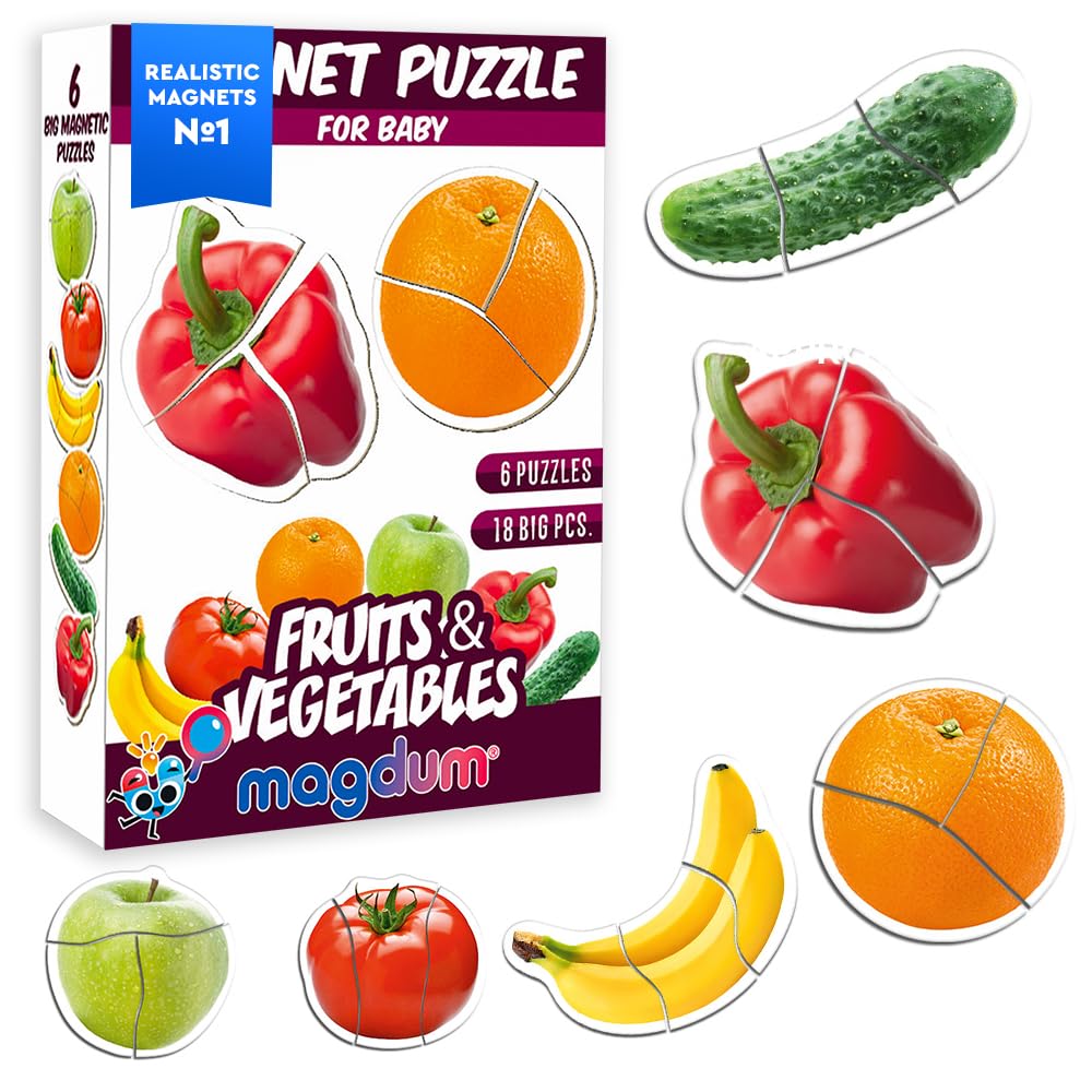 Fruit & Vegetable Magnetic Puzzle for Kids - Magdum - 6 Food Puzzles with 18 Magnetic Pieces - Healthy Food Learning Game for Toddlers - Educational Preschool Toy - Large Safe Durable Pieces — image 1