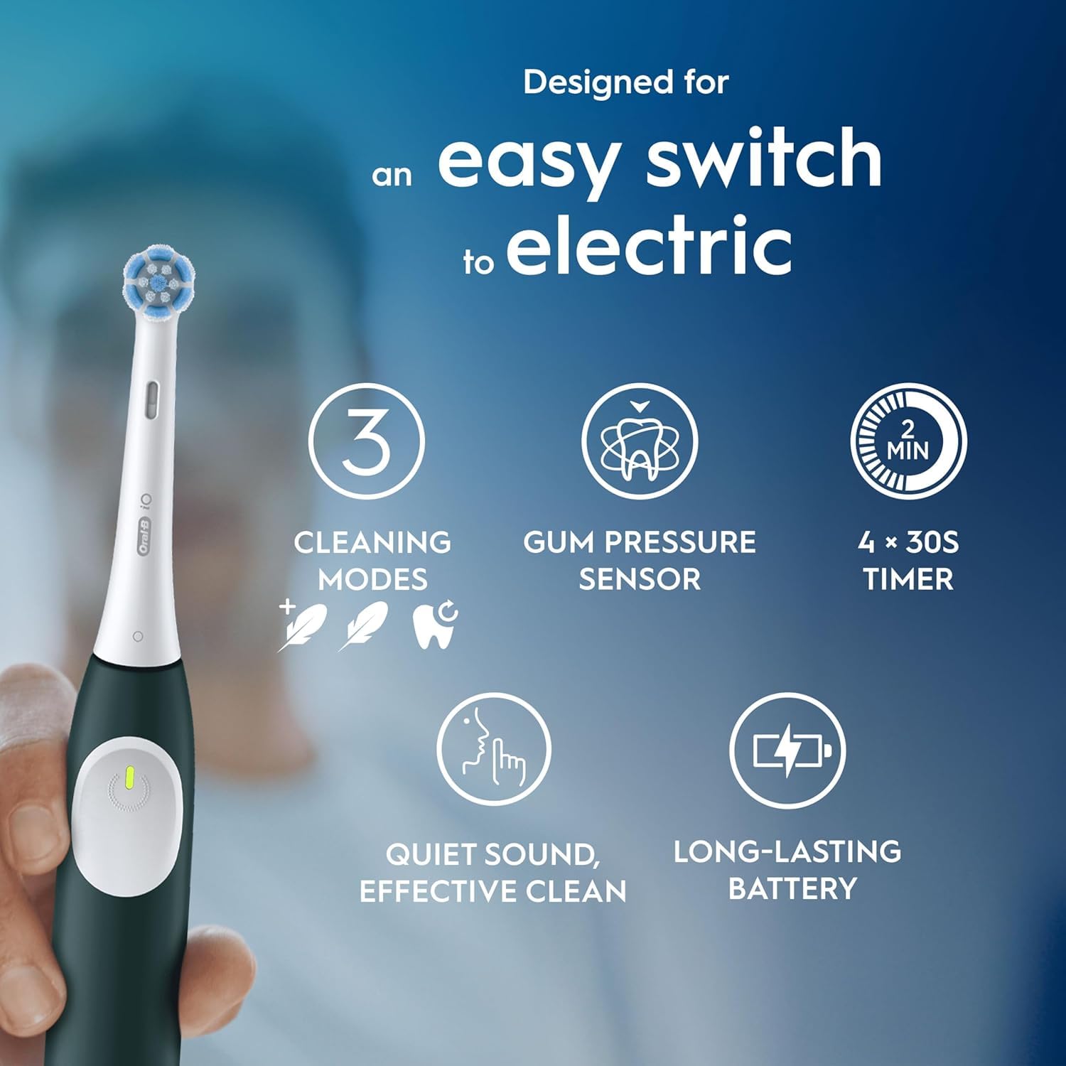 Oral-B iO2 Electric Toothbrush, 1 Gentle Care Toothbrush Head, 1 Travel Case, 1 Travel Refill Holder, Oral B Toothbrush for Adults (Forest Green), Designed by Braun, 2 Pin UK Plug