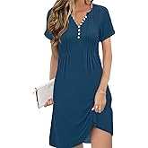 Soesdemo Womens Summer Dresses Short Rolled Sleeve Pleated Button Down V Neck Casual Beach Shift Sundresses with Pockets