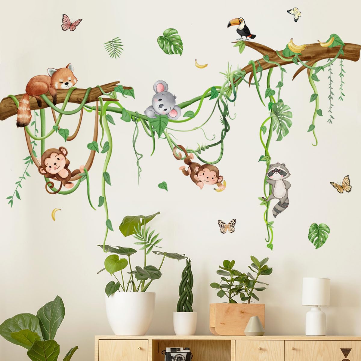 Runtoo Forest Animals Wall Decals Monkey Koala Tree Branch Wall Stickers Nursery Kids Room Classroom Wall Decor