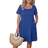 D.Q.RZhong Womens Plus Size Short Sleeve Dresses Square Neck Casual Summer Sundress Flowy Knee Length Dress with Pockets