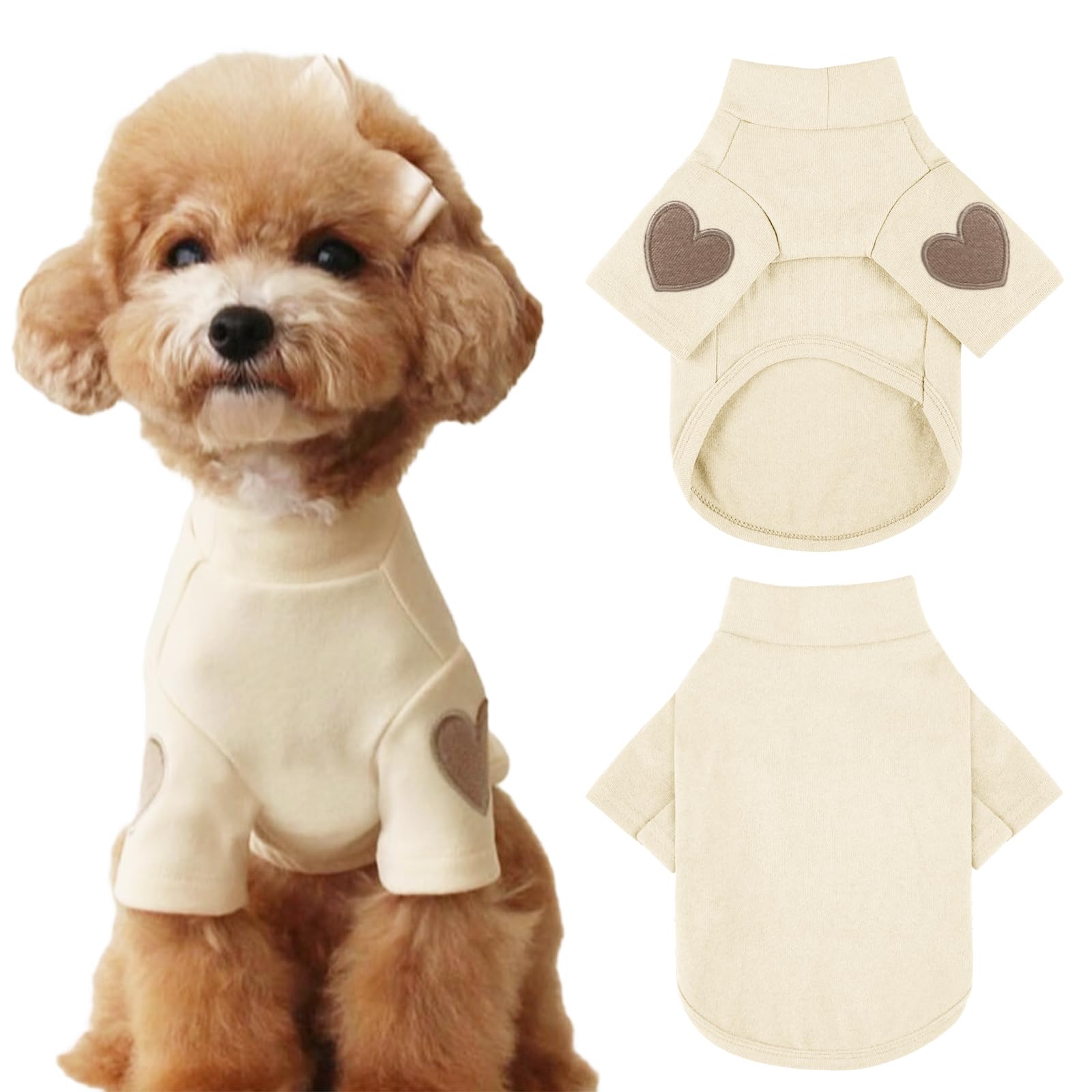 Yaopelky Dog Sweatshirt for Small Medium Dogs Warm Pet T Shirt Dog Clothes with Heart Print Cat Puppy Outfit Doggie Sweatshirts for Teddy,Chihuahua Schnauzer (Beige,S)