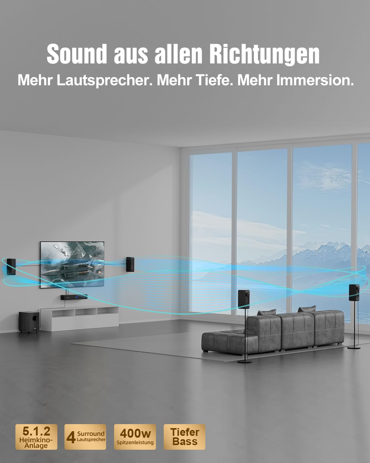 Hiwill-Audio Hölzern 5.1.2CH Soundbar für TV Geräte & kleine Räume, 400W Spitzenleistung, Klarere Stimmen, Virtueller Surround-Sound, 5,25'' Kabel-Subwoofer, ARC/Opt/BT 5.3/AUX, Einfaches Setup, 2026 2