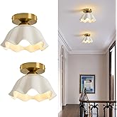 Glaze Ceramic Semi Flush Mount Ceiling Light - 2 Pack, Vintage Gold Hallway Light Fixtures, Flower White Globe Ceiling Lights