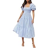 ZESICA Women's 2026 Bohemian Summer Plaid Square Neck Puff Sleeve Ruffle Flowy Beach Midi Dress