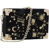 Oweisong Women Velvet Box Shape Evening Handbag Party Embroidery Star Moon Clutch Bag Elegant Crossbody Shoulder Purse