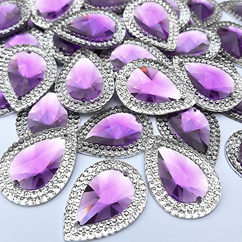 succi shan 18x25mm 50pcs Loose Beads Drop Shape Rhinestones with Silver Edge Gems Stones and Crystals Wedding Decoration Sew-On for Stick-On Dance Costumes Shoes Bag Sewing 2 Holes (Purple)