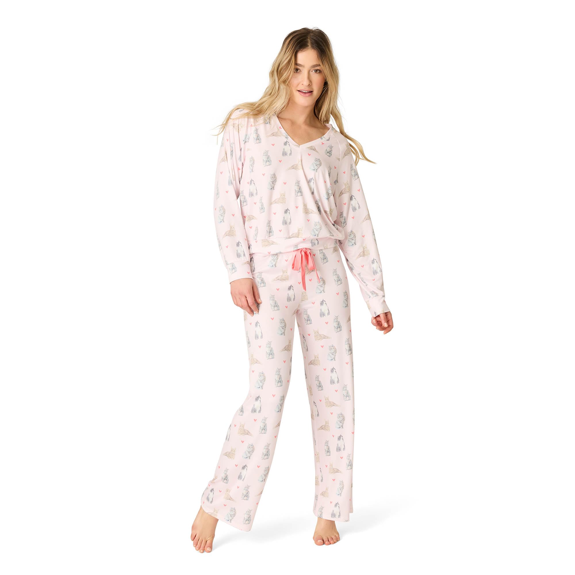 P.J. Salvage Women’s [Amazon Exclusive] Cloud Jersey Open-Bottom Pajama 2-Piece Pj Set, Kitty Love, Medium