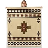 Feelyou Southwestern Geometric Sherpa Blanket Throw 50"x60" Retro Exotic Boho Fleece Throw Fuzzy for Bed Sofa Couch Kids Decor Indian Tribal Geometric Plush Throw Cream-Coloured Fuzzy Cozy Bedroom